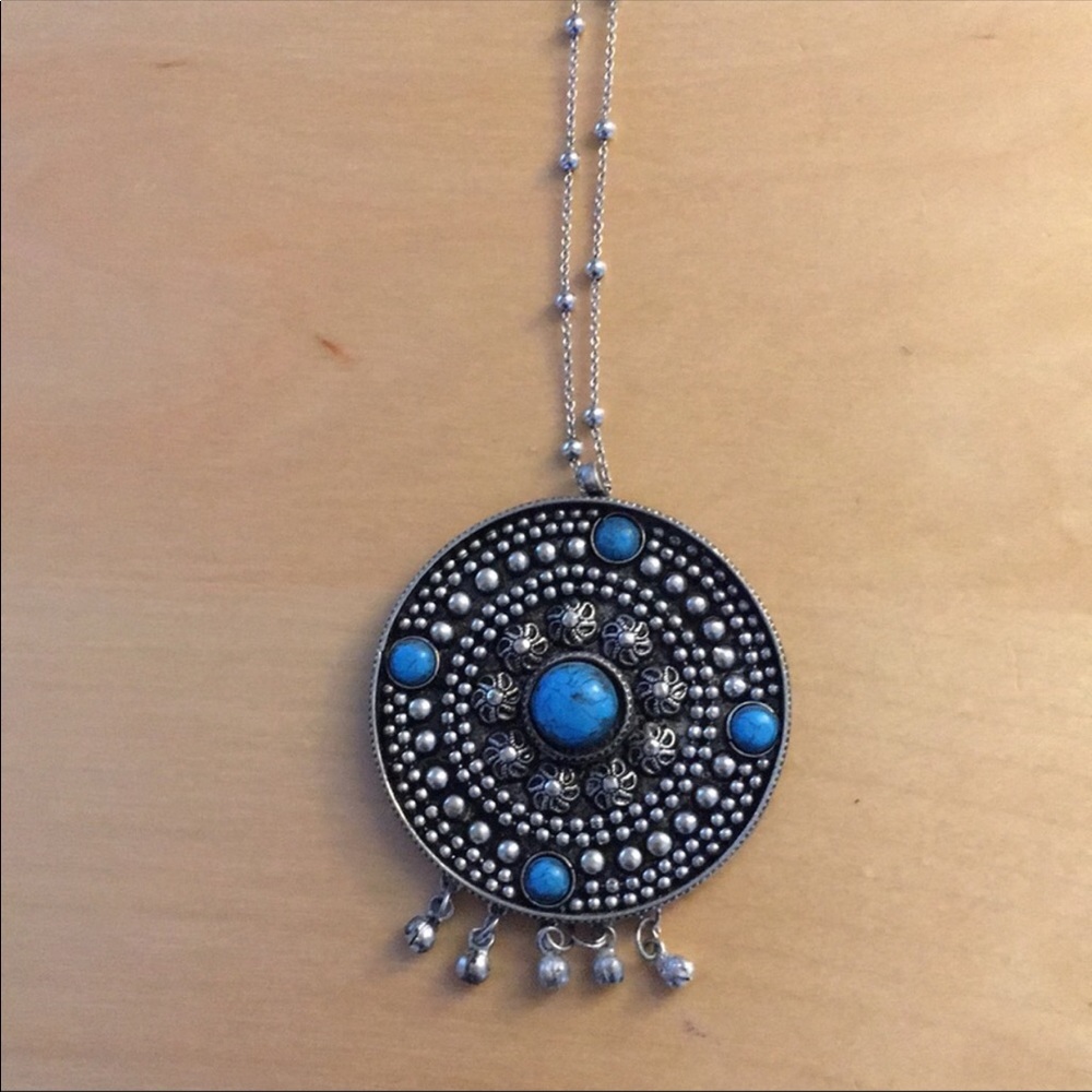 Silver-Tone Turquoise Pendant Necklace - Blue Boho Medallion